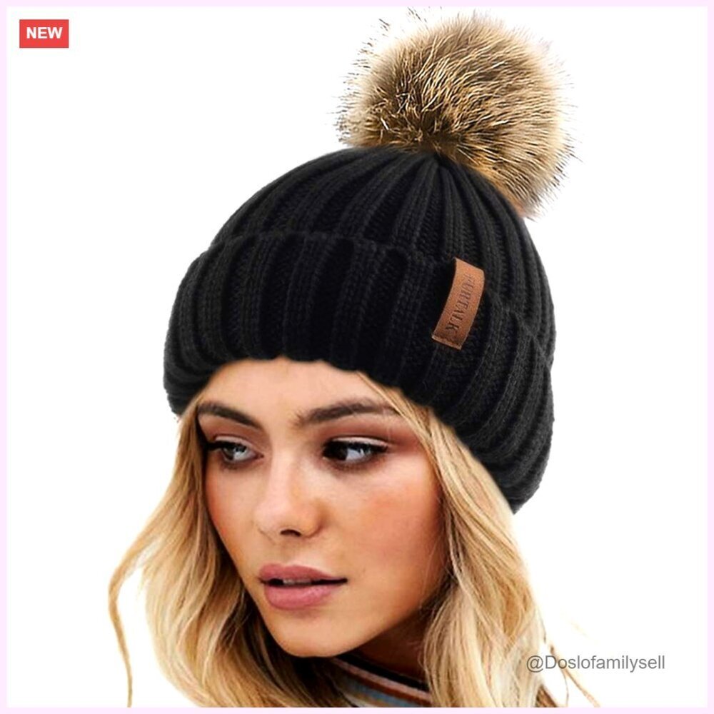 Winter Knitted Beanie with Removable Faux Fur Pom Pom, Warm Skull Cap